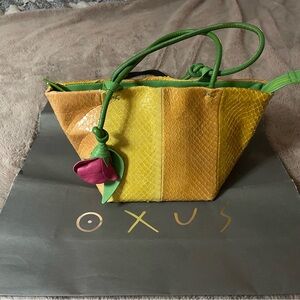 Oxus Italian Leather and Snakeskin  Yellow and Green Tote Bag